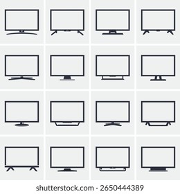 Ícone de TV vetorial definido no plano de fundo cinza. Silhuetas modernas de TV inteligente