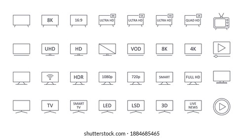 Vector TV icons. Editable stroke. Ultra HD 8K 5K 4K 2K television. LED LCD display screen Full HD. Retro TV play video SMART 16: 9 diagonal 3D signal
