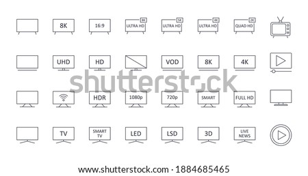 Vector TV icons. Editable stroke. Ultra HD 8K 5K 4K 2K television. LED LCD display screen Full HD. Retro TV play video SMART 16: 9 diagonal 3D signal