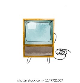 vector tv illustration. interior design mid century modern watercolor paint. vintage retro. history of television textured hand drawn.