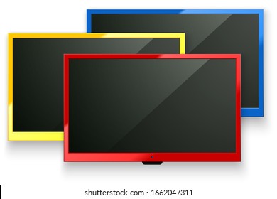 Vector TV led screen isolated background. Red, yellow, blue color modern stylish lcd panel. Computer monitor display mockup set. Blank television graphic design element for catalog, web, as mock up