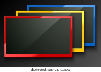 Vector TV led screen isolated background. Red, yellow, blue color modern stylish lcd panel. Computer monitor display mockup set. Blank television graphic design element for catalog, web, as mock up