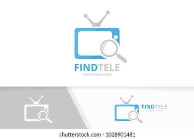 Vector tv and loupe logo combination. Television and magnifying symbol or icon. Unique media and search logotype design template.