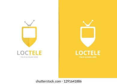 Vector tv and map pointer logo combination. Television and gps locator symbol or icon. Unique media and pin logotype design template.