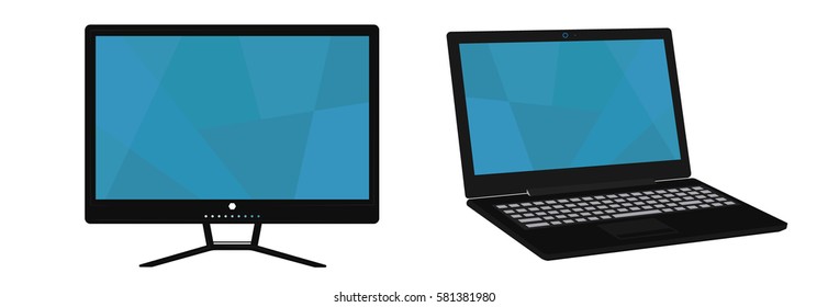 vector TV monitor and an open laptop with blue abstract background on the screen