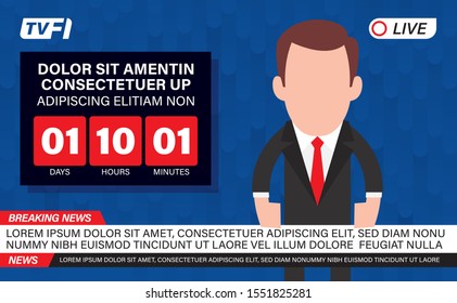Vector Tv news. Anchorman in TV studio breaking news - live stream.