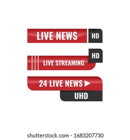 Interfaz de banner de noticias de televisión vectorial , tira o icono de etiquetas de noticias, noticias en directo, noticias de último minuto