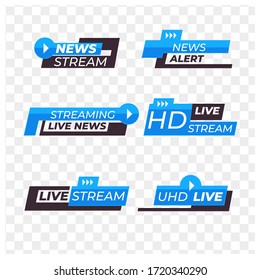 Vector TV news banner interface , news label strip or icon, live news, breaking news, full HD, ultra HD, dramatization, live stream inscription. set of colorful media labels on transparent background.