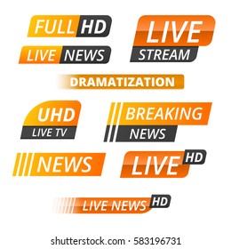 Vector tv news banner interface , news label strip or icon, live news, breaking news, full Hd, ultra HD, dramatization, live stream inscription. Yellow set of media labels on white background