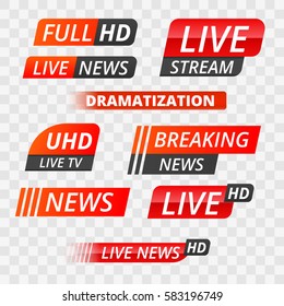 Vector tv news banner interface , news label strip or icon, live news, breaking news, full Hd, ultra HD, dramatization, live stream inscription. Red  set of media labels on transparent background