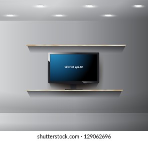 Vector TV on wall in modern room, With wood shelf design