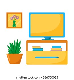 Vector tv room illustration. Home relaxing with tv room concept. living room interior: tv screen, houseplant, furniture. Cartoon indoor television room. Living room interior design with tv place