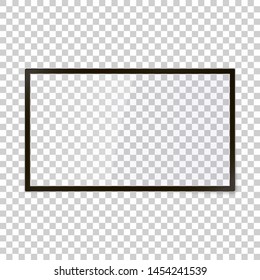 Vector tv screen isolated on transparent background. Template for movies, news, advertising. Empty transparent screen to add your picture. Realistic shadows and reflections. Widescreen horizontal TV.