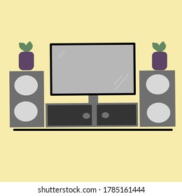 Vector TV table, TV screen, cabinet, plant pot