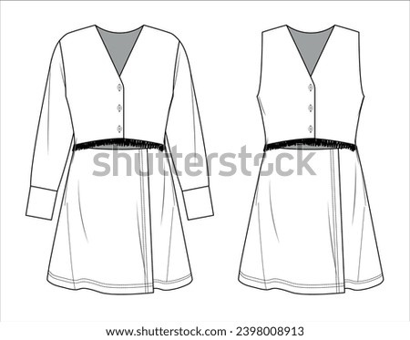 Vector tweed shift dress with fringe technical drawing, sleeveless V-neck mini dress fashion CAD, sketch, template, flat.Jersey or woven fabric 2 pcs set shirt dress with front, back view, white color