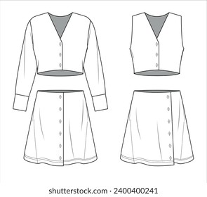 Vector tweed shirt, vest and skirt set technical drawing, sleeveless V-neck jacket with skirt fashion CAD, sketch, template, flat. Jersey or woven fabric 4 pcs set with front, back view, white color