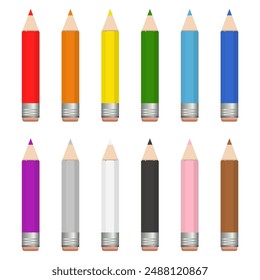 Vector twelve colored pencils for drawing, for children, for studying flowers, isolated on a white background