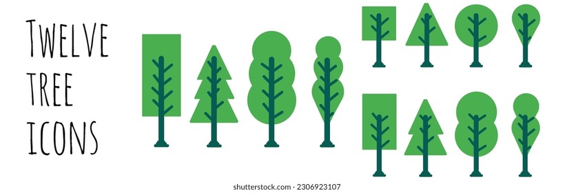 VECTOR twelve green tree icon vector shapes in square, triangle, circle shape