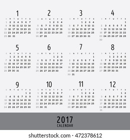 Vector twelve month for 2017 year calendar on simple minimal design in  monochrome background colors.