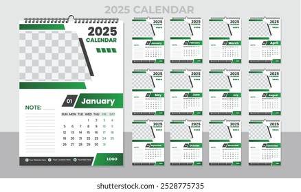 Vetor doze páginas colorido modelo de design de calendário de parede de negócios. 2025 Calendar Template Design,. Projeto de calendário de parede de uma página para 2025. Vetor de calendário de parede para corporação.