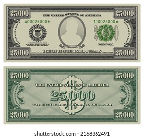 Vector twenty five thousand dollars banknote. Gray obverse and green reverse fictional US paper money in style of vintage american cash. Frame with guilloche mesh and bank seals. Franklin Roosevelt