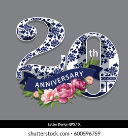 Vector Twenty Years Anniversary Celebration Design. Traditional Oriental Chinese porcelain style.