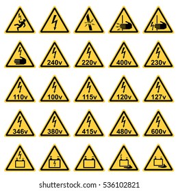 vector twenty-five yellow triangles safety on the subject of electricity