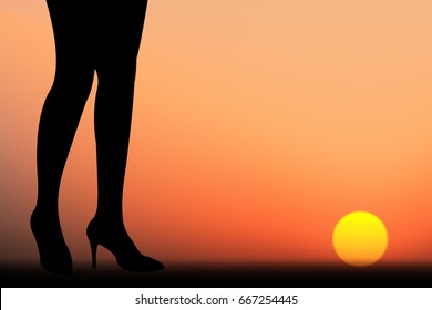 vector twilight illustration silhouette business woman walk to the sun with challenge for progress