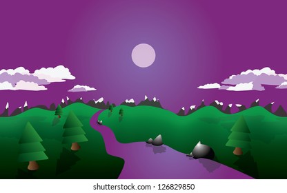 Vector twilight landscape. Different objects separated in different layers.