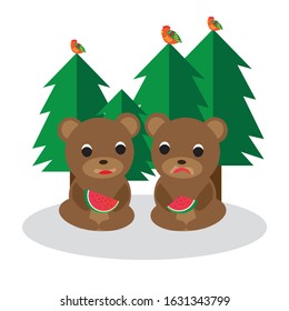 vector Twin bears eat watermelons