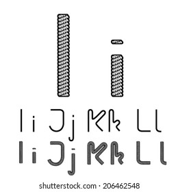Vector twine font alphabet - simple rope letter - I, i, J, j, K, k, L, l