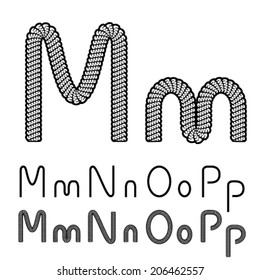 Vector twine font alphabet - simple rope letter - M, m, N, n, O, o, P, p