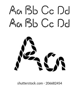 Vector twine font alphabet - simple rope letters - A, a, B, b, C, c, D, d