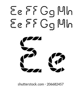 Vector twine font alphabet - simple rope letters - E, e, F, f, G, g, H, h
