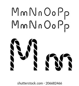 Vector twine font alphabet - simple rope letters - M, m, N, n, O, o, P, p