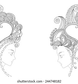 vector twins in doodle style. Can be used as a card, invitation, adult coloring book, coloring page. Zentagle.