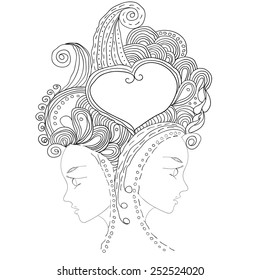 vector twins in doodle style. Can be used as adult coloring book, coloring page. Zentagle.