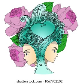 Vector twins in doodle style on rose background. Can be used as card, invitation, background element. Hand drawn style. Adult coloring book.