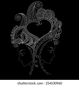 vector twins in doodle style on black background.