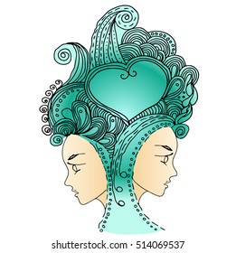  Vector twins in doodle style on white background. Can be used as card, invitation, background element. Hand drawn style. Adult coloring book.