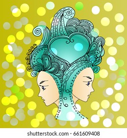  Vector twins in doodle style on mandala background. Can be used as card, invitation, background element. Hand drawn style. Adult coloring book.