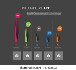 Vector twisted bar infographic layout with five vertical chart bars on the dark background
