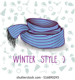 Vector twisted blue knitted scarf. White and turquoise seamless pattern background consisted of christmas & new year icons. Winter illustration.