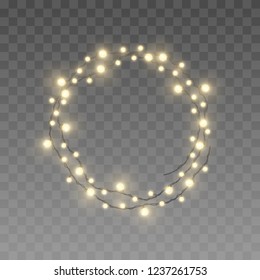 Vector twisted in circle realistic yellow light garlands. Festive decoration with string of shiny Christmas lights. Glowing fairy bulbs of different sizes isolated on transparent background.