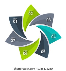 Vector twisted diagram for business infographic. Abstract element of cycle diagram with 7 steps, options, parts or processes.