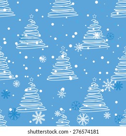 Vector twisted fir tree with snowflakes repeated on blue background