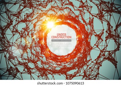 Vector twisted red tunnel delicate structure shining lens flares on blue green background. Glowing sci-fi round construction. Abstract cyber elegant modern geometric wallpaper. Hypnotic Worm Hole