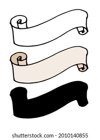 Vector of twisted scrolls of light brown color. a set of spiral scroll long drawn in the style of doodles isolated in black outline and silhouette on a white background. vintage empty ribbon with 