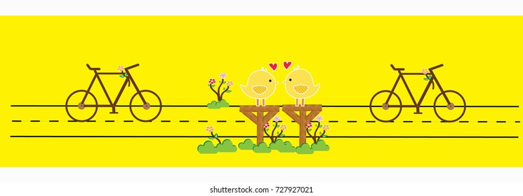 Vector twitter bird with love and bicycle on the way for background card. 