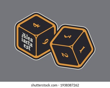 Vector two 6 sided dice with Latin inscription: The dice are thrown. Board Games. Isolated on dark background.